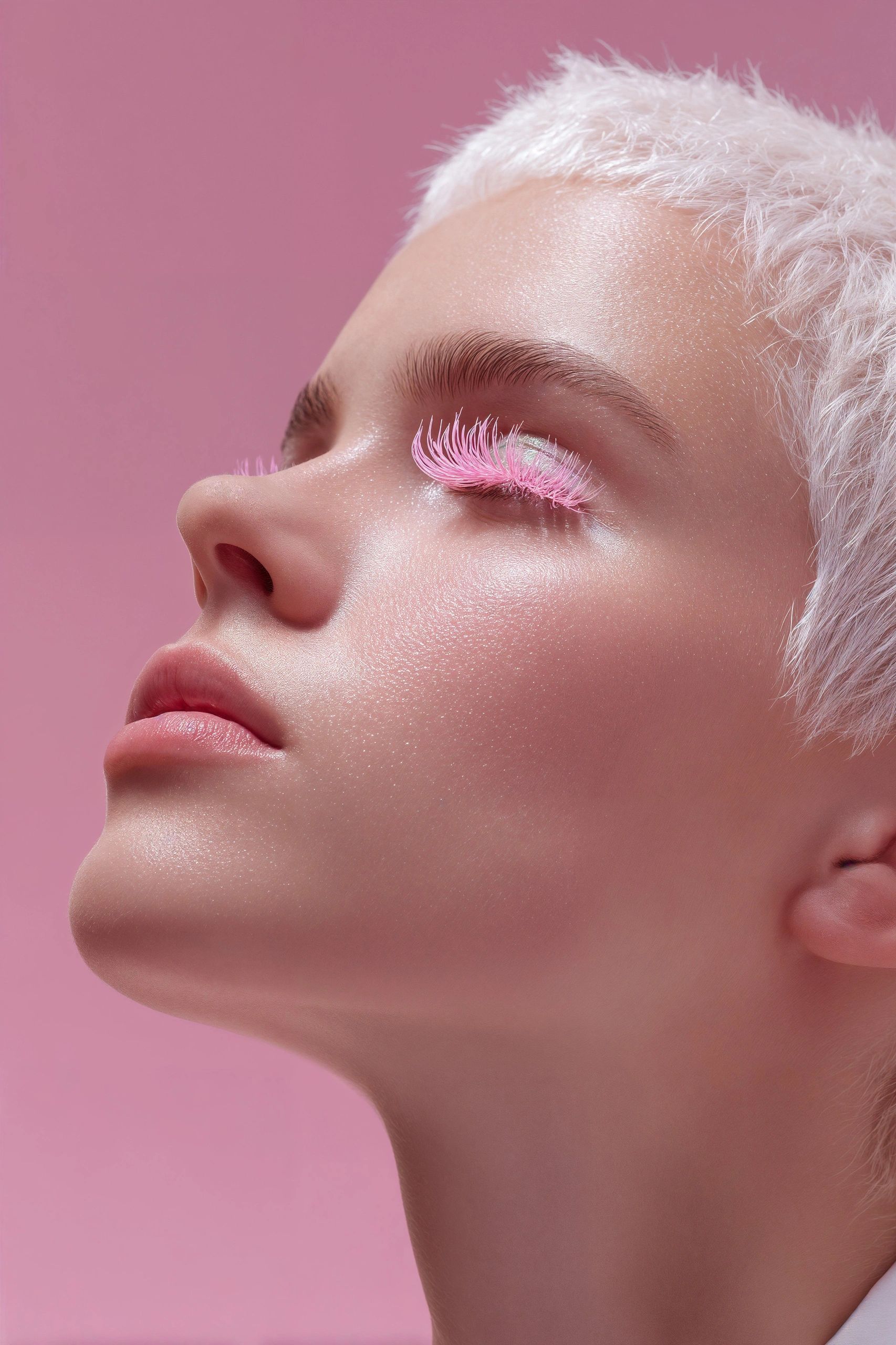 Beauty portrait with bold styling and pink accents
